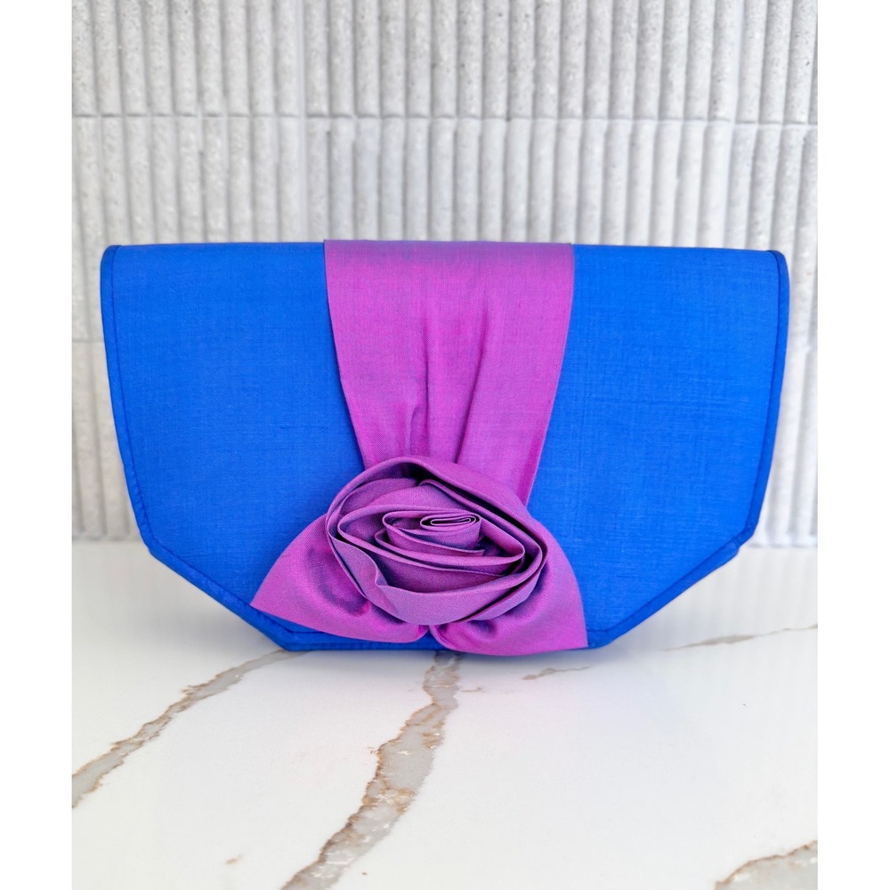 Raw Silk Clutch Women OS Cobalt Blue Violet Rosette Evening Bag